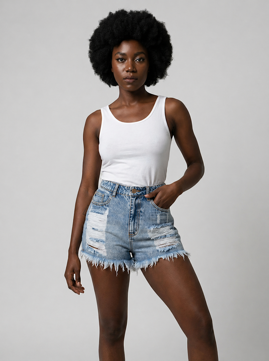 Cleo — Distressed High-Waist Denim Shorts