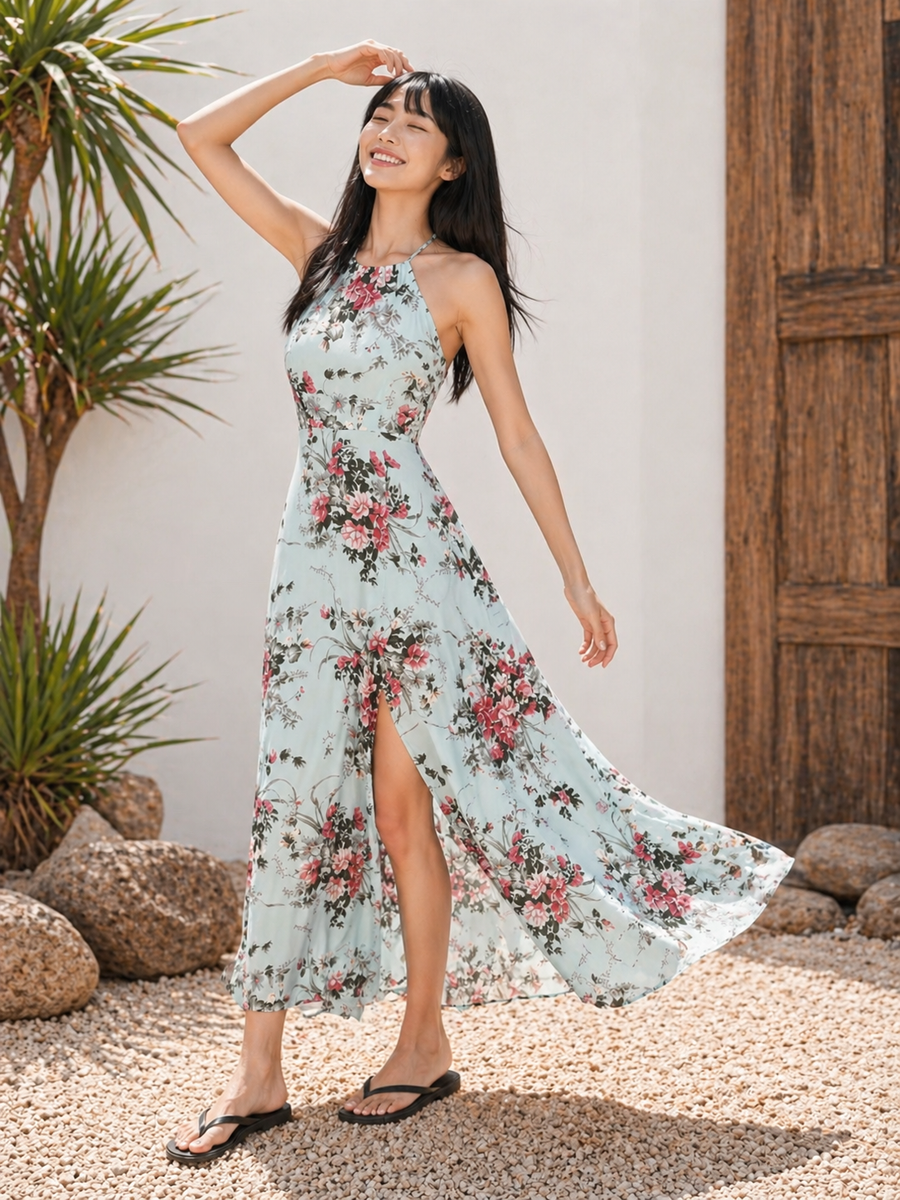 Rosa — Floral Halter High-Slit Party Dress